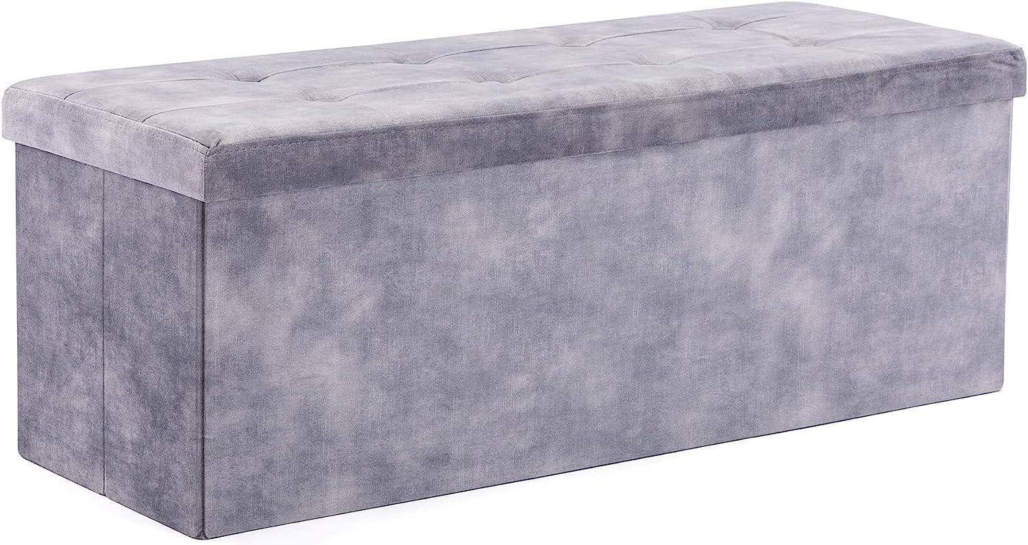 HNNHOME Samt-Bettbank, Sitzbank, Ottomane, Spielzeugtruhe mit Deckel, zusammenklappbare Aufbewahrungstruhe, für Wohnzimmer, Schlafzimmer, 110 x 40 x 40 cm, Lava-Grau, Extragroß Bild 1