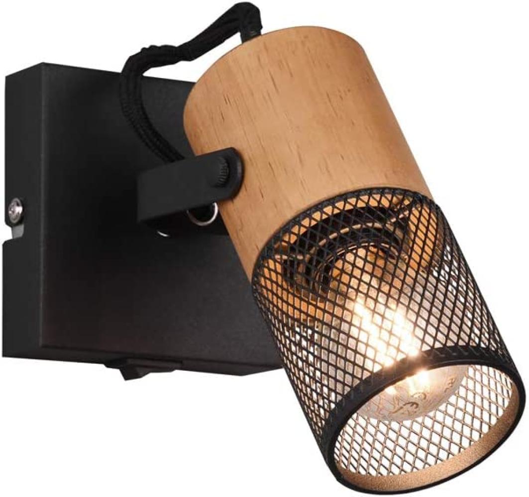 Einflammiger LED Wandstrahler mit schwarzem Metall Gitterschirm & Holzsockel Bild 1