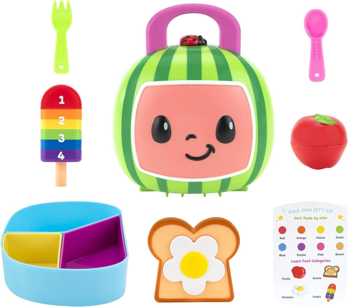 CoComelon Lunchbox-Spielset - Enthält Lunchbox, 3-teiliges Tablett, Gabel, Löffel, Toast mit Ei, Apfel, EIS am Stiel, Aktivitätskarte - Spielzeug für Kinder, Kleinkinder und Vorschüler Bild 1