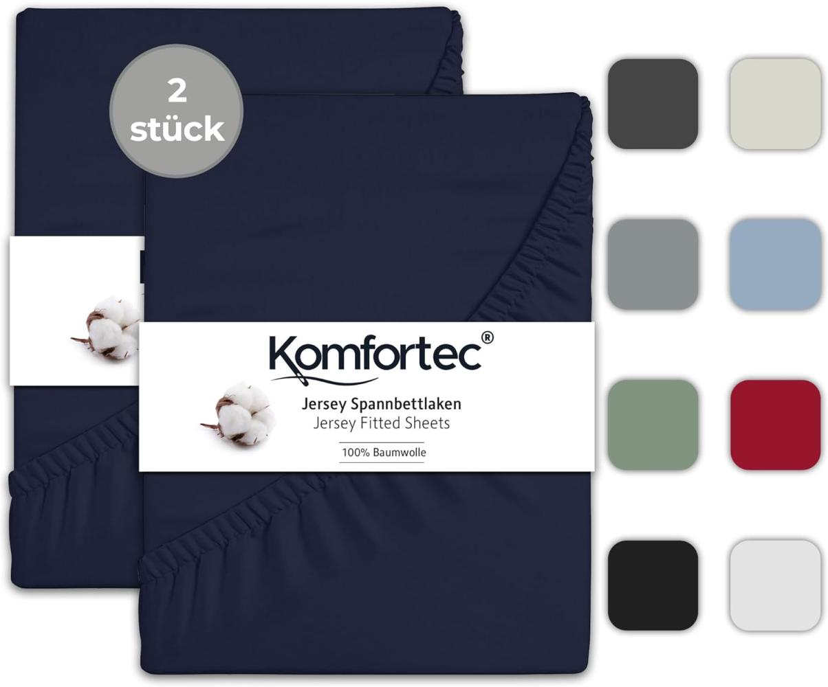 Komfortec 2er Pack Jersey Spannbettlaken 90x200 cm, 100% Baumwolle, Doppelpack Spannbettuch, Blau Bild 1