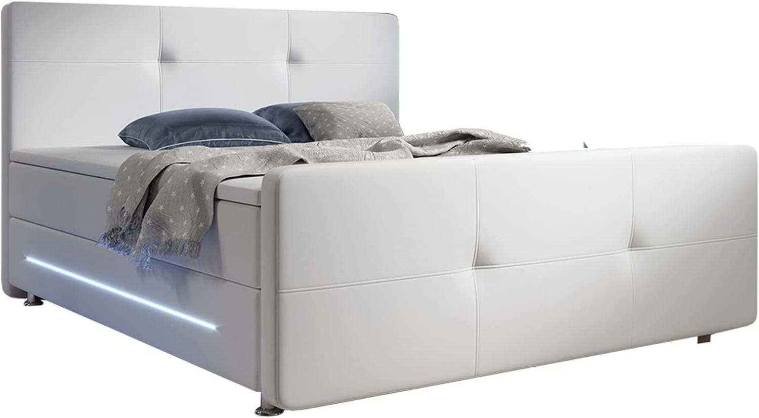 Juskys Boxspringbett Oakland 180 x 200 cm – LED Beleuchtung, Bonell-Matratzen, Topper & Kunstleder – 58 cm Komforthöhe – weiß – Bett Doppelbett Bild 1