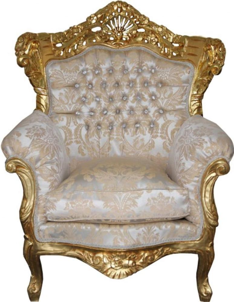 Casa Padrino Barock Sessel Creme - Gold Muster / Gold mit Bling Bling Glitzersteinen - Möbel Antik Stil Bild 1