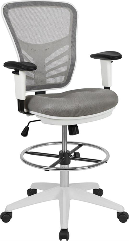 Flash Furniture Ergonomischer Stuhl mit verstellbarem Chrom-Fußring, verstellbare Armlehnen und weißem Rahmen, Hellgrau Bild 1