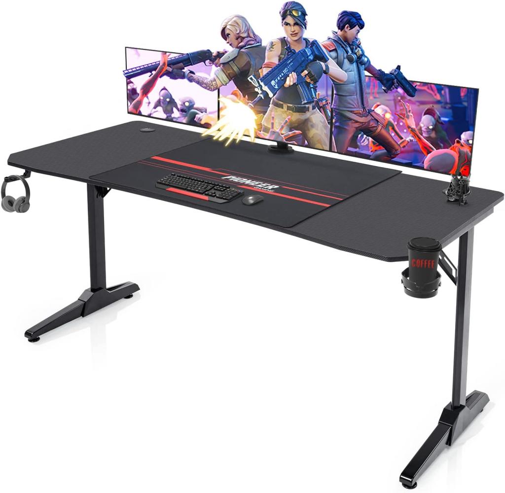 Devoko Gaiming Tisch 160 cm Gaming Schreibtisch Gamer Computertisch Ergonomischer PC Schreibtisch mit Getränkehalter und Kopfhörerhalter T-förmiger (Schwarz, 160 x 60 cm) Bild 1