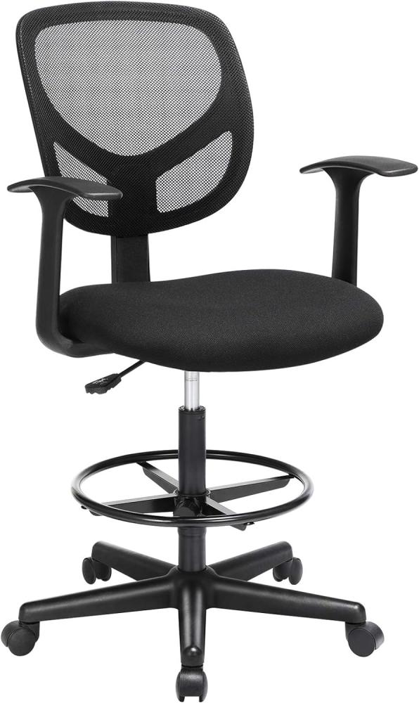SONGMICS Bürostuhl, Ergonomischer Arbeitshocker mit Armlehnen, Sitzhöhe 55-75 cm, Hoher Arbeitsstuhl mit verstellbare Fußring, Belastbarkeit 120 kg, Schwarz OBN25BK Bild 1