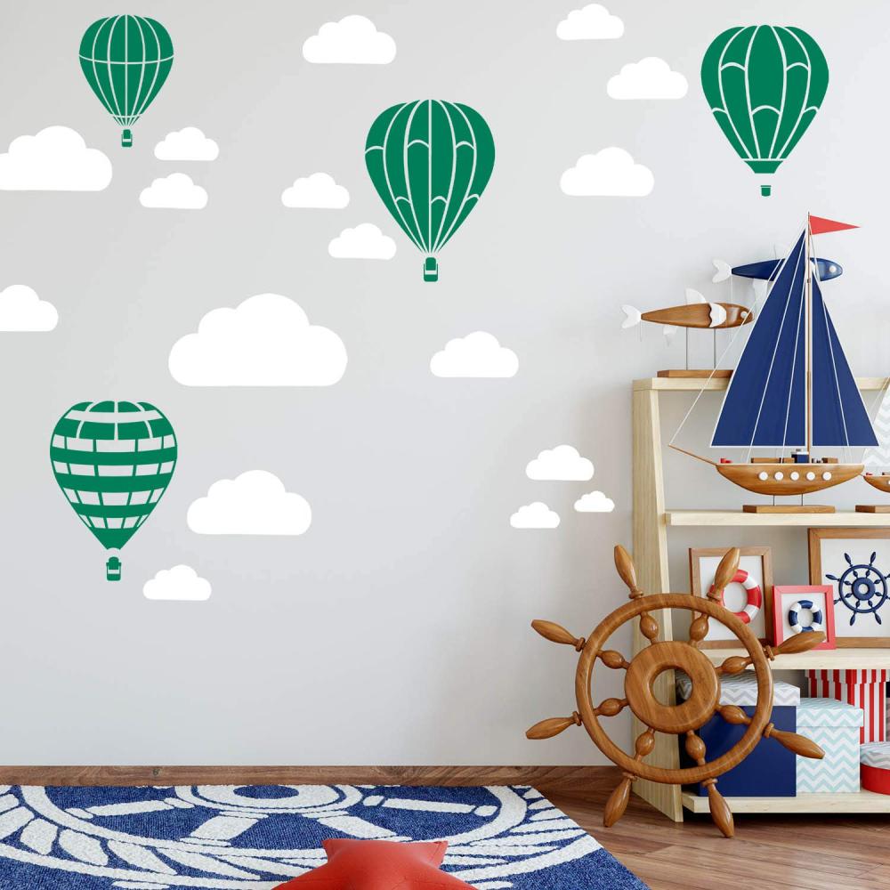 Heißluftballon & Wolken Aufkleber Wandtattoo Himmel | Wandbild 6x DIN A4 Bögen | Sticker Kinder Kinderzimmer Deko Ballons (Grün) Bild 1