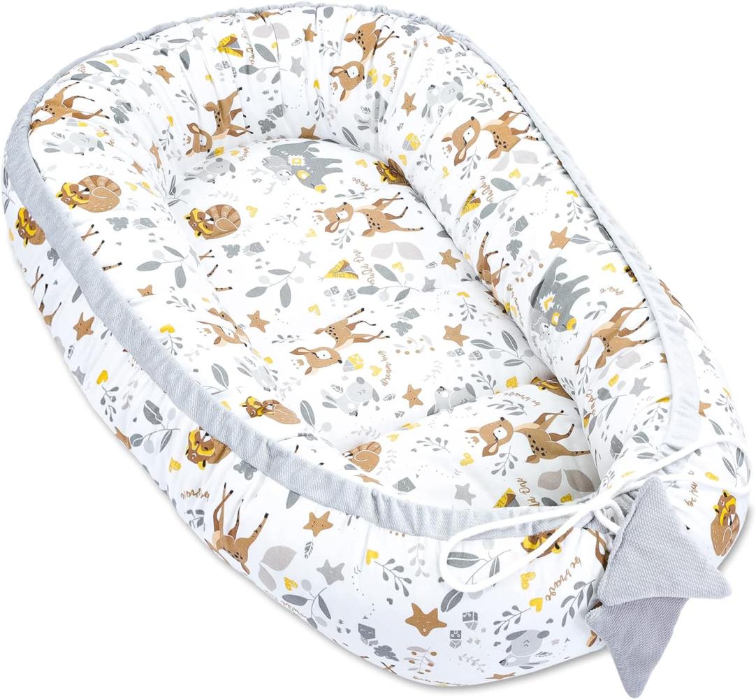 Babynest Kokon Neugeborene 90 x 50 cm - Handmade Velvet Kuschelnest Baby Nestchen aus Baumwolle Rehchen Grau Bild 1