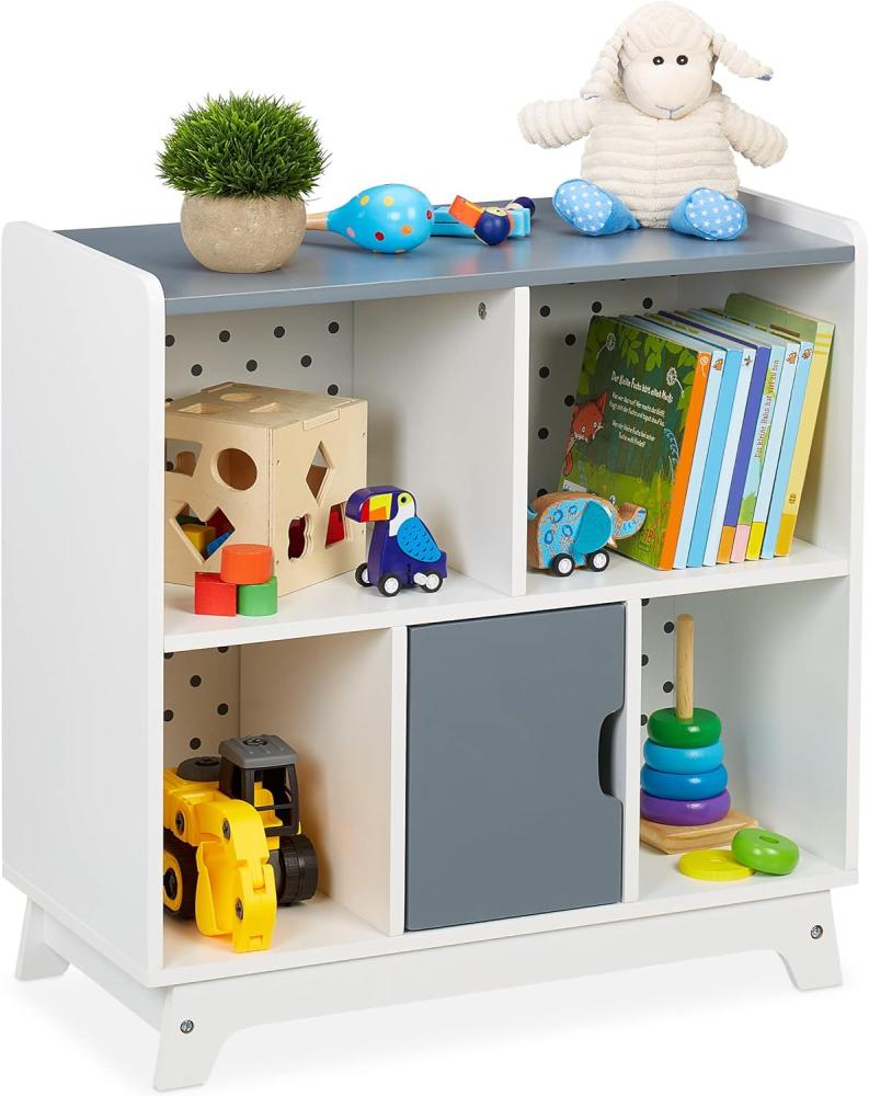 Relaxdays Kinderregal für Spielsachen & Bücher, HBT: 60x60x30 cm, 5 Fächer, Mädchen & Jungen, Spielzeugregal, weiß/grau Bild 1