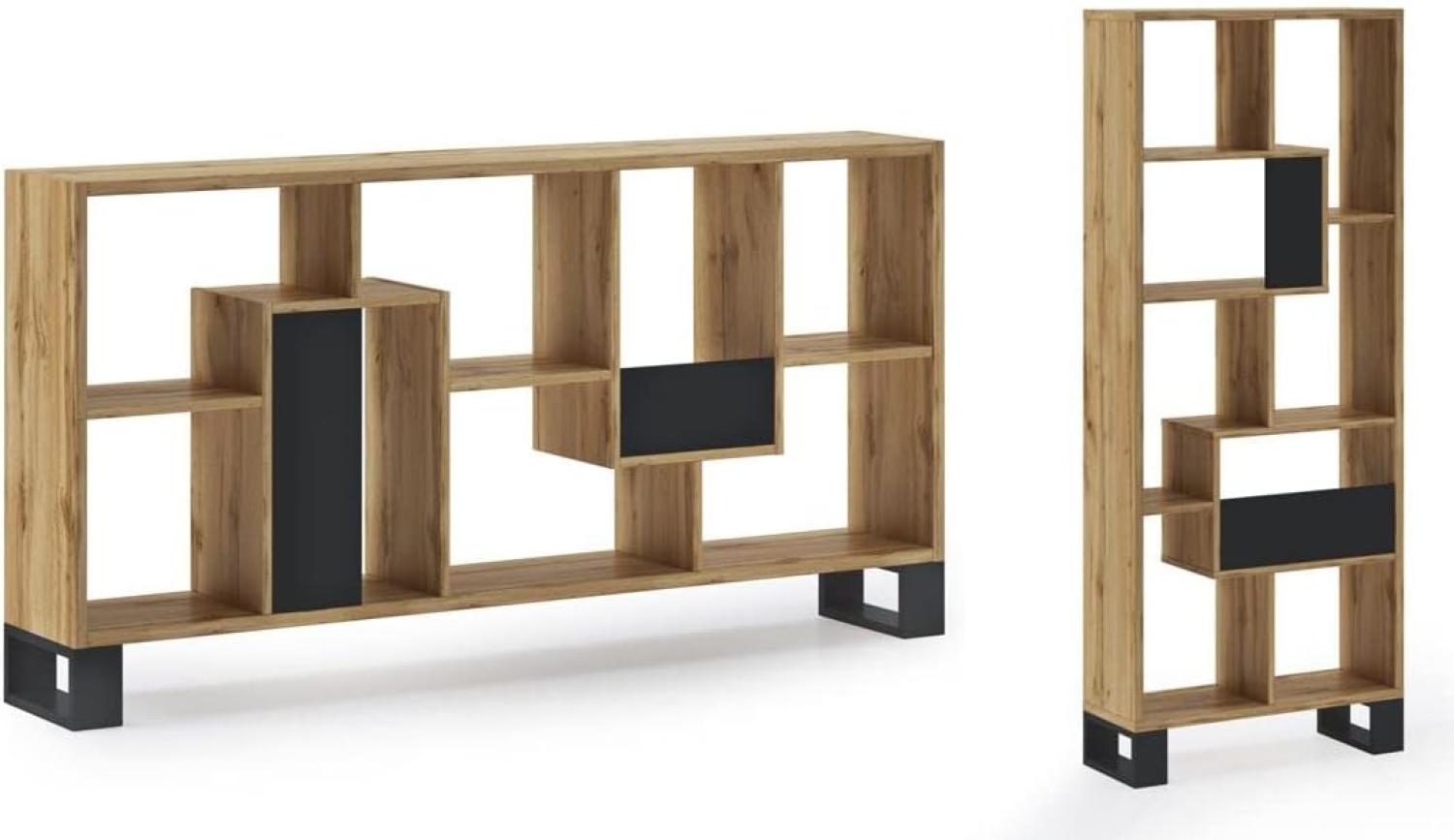 Skraut Home – Designregal – 168 x 69 x 25 cm – vertikal oder horizontal – Zick-Zack-Loft-Modell – einfache Montage – widerstandsfähig – dunkle Eiche und schwarzes Holz Bild 1