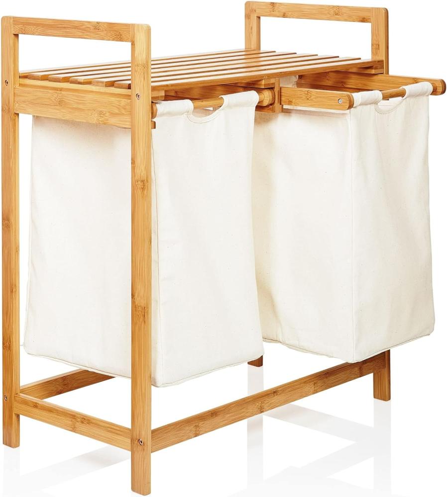 Lumaland Wäschekorb aus Bambus mit 2 ausziehbaren Wäschesäcken - Größe ca. 73 cm Höhe x 64 cm Breite x 33 cm Tiefe - Farbe Beige Bild 1