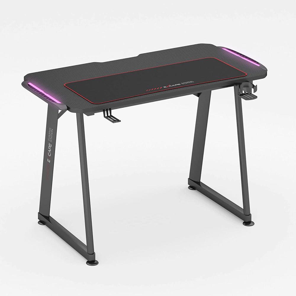 eXcape Gaming Tisch A10 mit LED Beleuchtung 100cm (+10cm Extensions) x 60cm - Carbon-Optik, Schreibtisch Gaming - inkl. Getränkehalter, Kopfhörerhalter - PC Tisch, Gamer Desk Bild 1