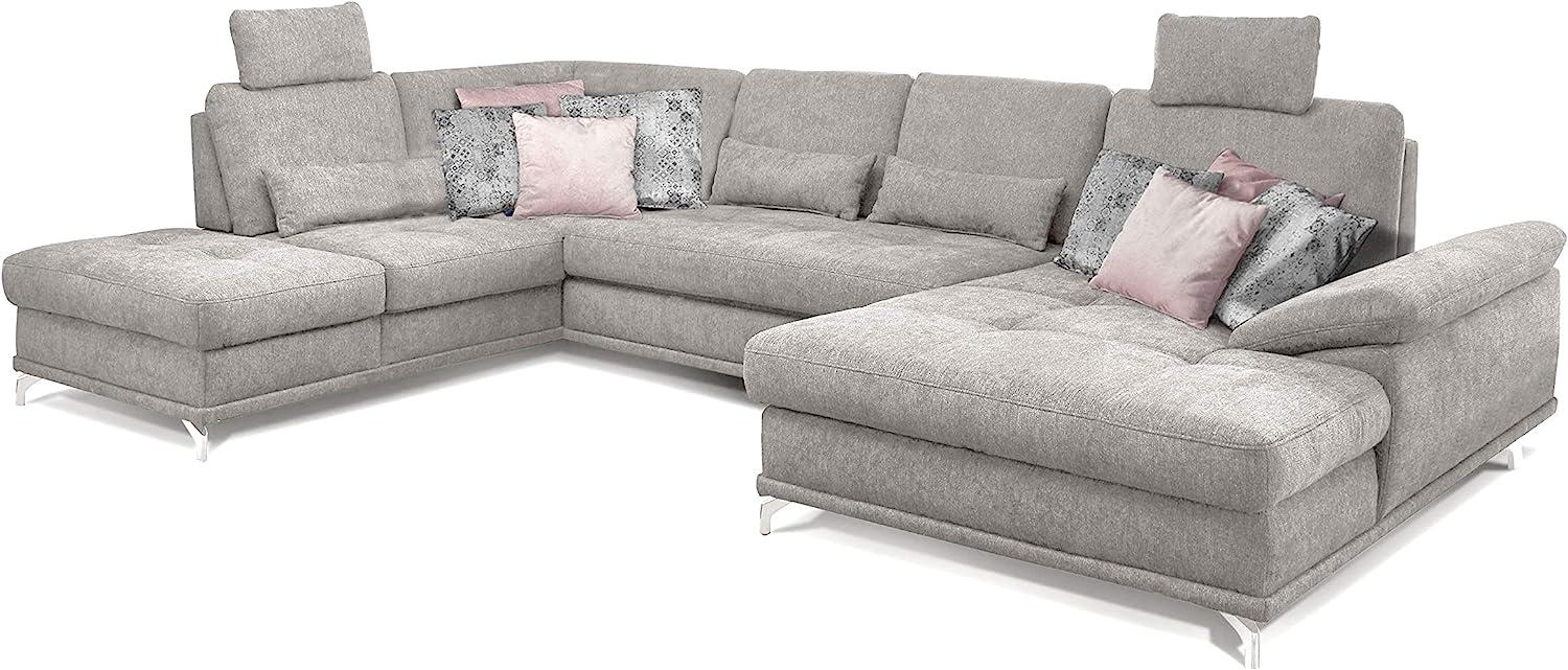 Cavadore Wohnlandschaft Castiel mit Federkern / Großes U-Form-Sofa mit Schlaffunktion, Bettkasten, Sitztiefenverstellung und Kopfstützen / 368 x 114 x 232 / Webstoff, Hellgrau Bild 1