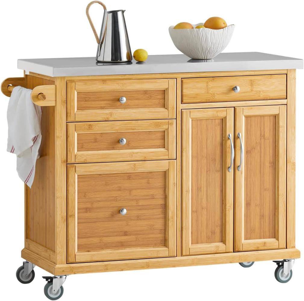 SoBuy FKW70-N Küchenwagen Kücheninsel Küchenschrank aus hochwertigem Bambus mit Edelstahlarbeitsplatte BHT ca. : 115x92x46cm Bild 1