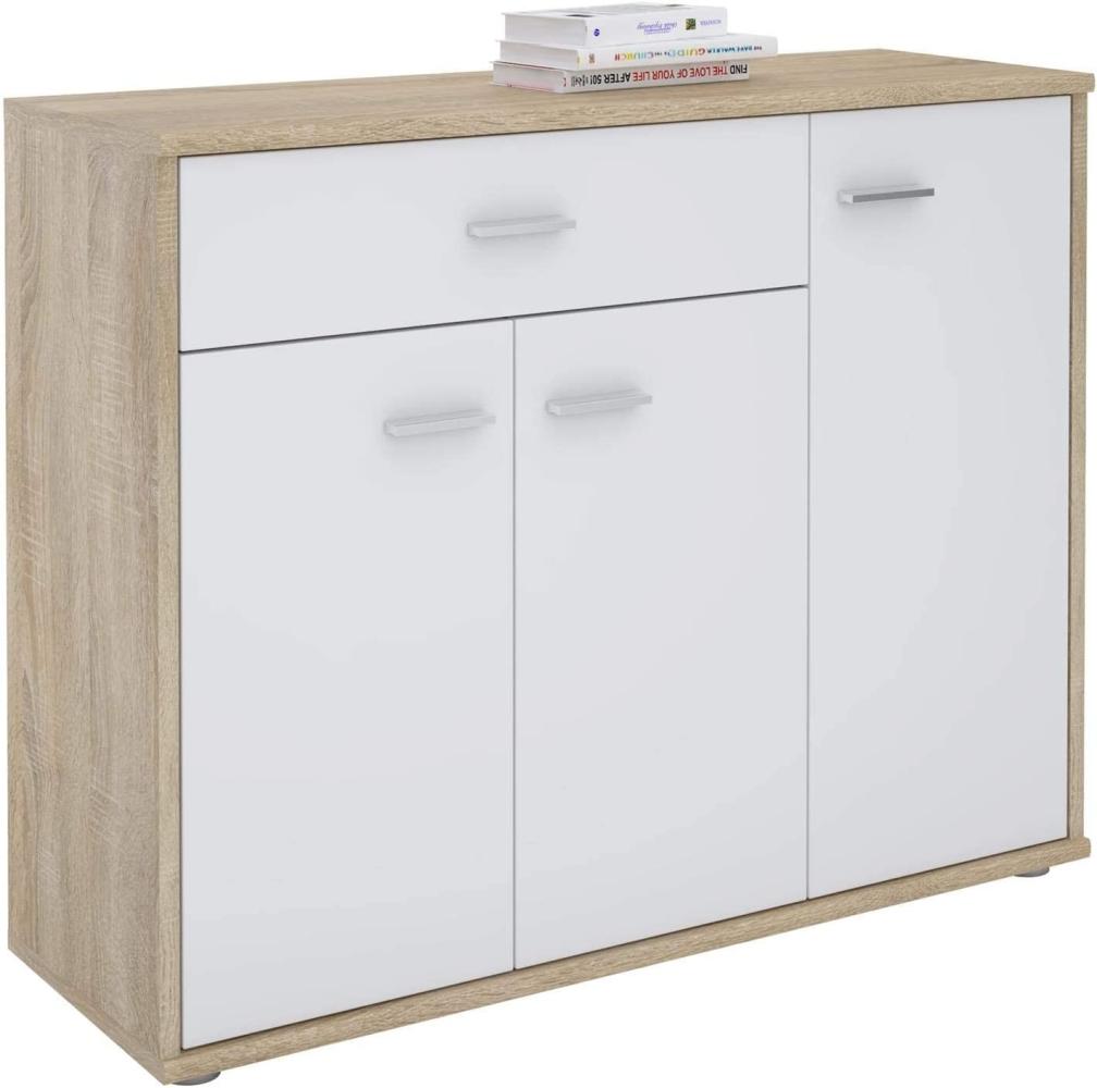 CARO-Möbel Kommode Estelle Sideboard Mehrzweckschrank, Sonoma Eiche/weiß mit 3 Türen und 1 Schublade, 88 cm breit Bild 1