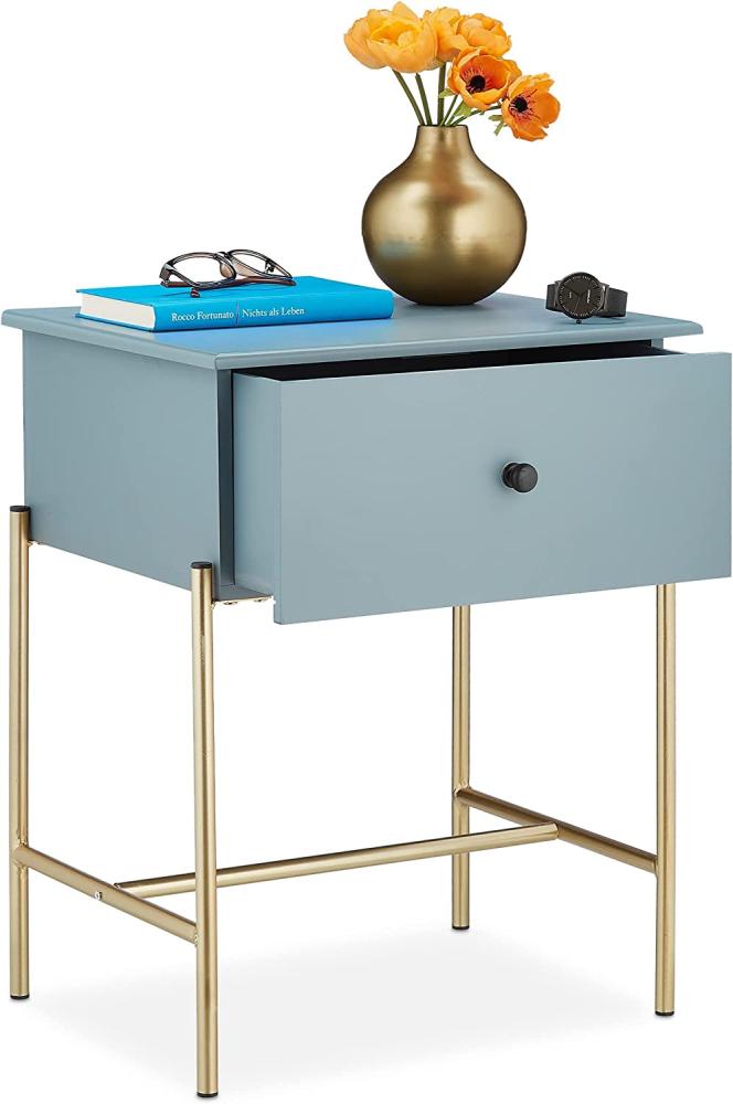 Relaxdays Nachttisch, mit Schublade, modern, MDF & Eisen, Schlafzimmer Nachtschrank, HxBxT: 60x45,5x37 cm, grau/Gold Bild 1