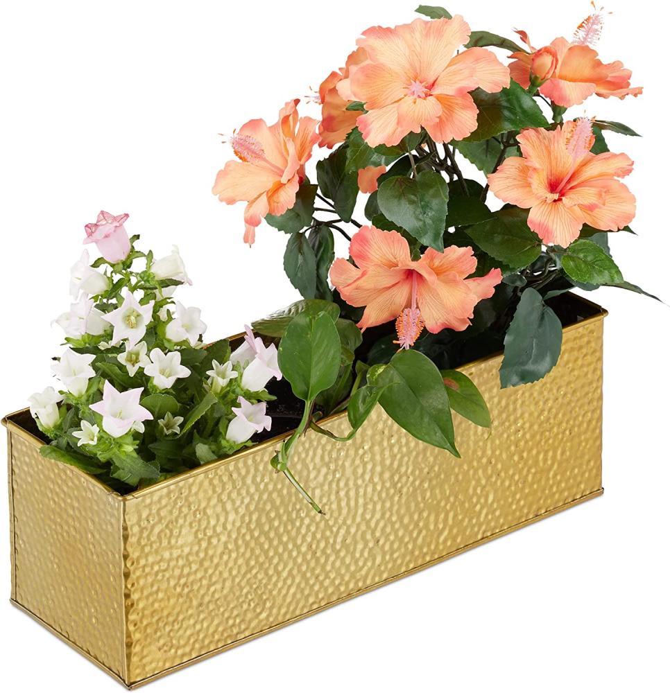Relaxdays Blumenkasten für Innen, Pflanzkübel, Metall Kübel für Blumentöpfe und Kräuter, rechteckiger Blumenkübel, gold Bild 1