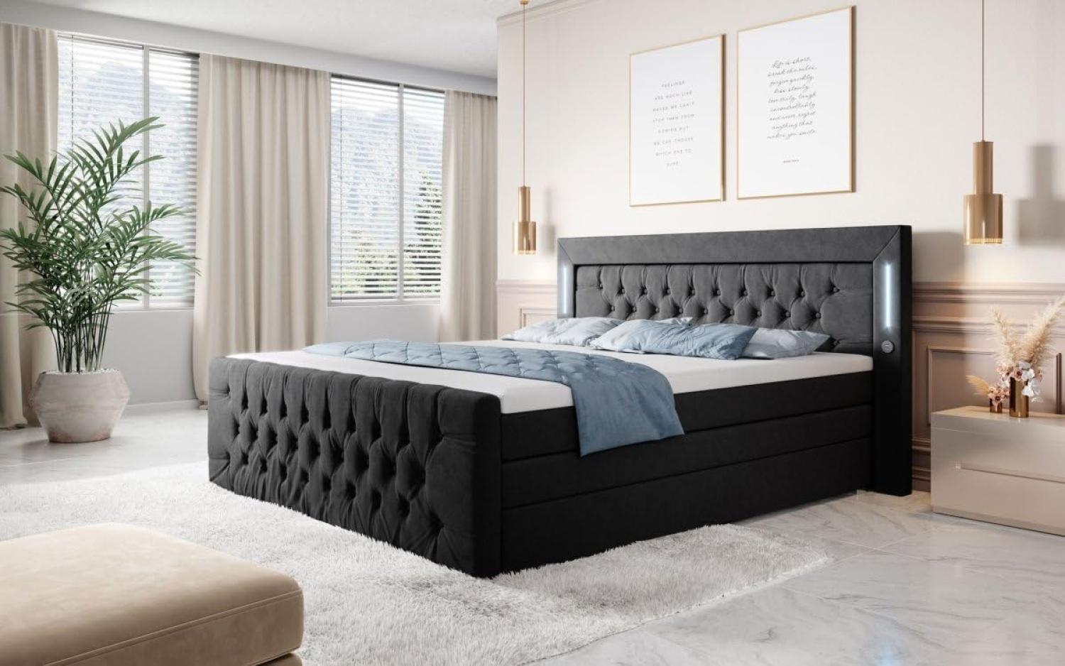 Boxspringbett Queen mit LED, USB und Stauraum 180x200 Schwarz H3 Bild 1