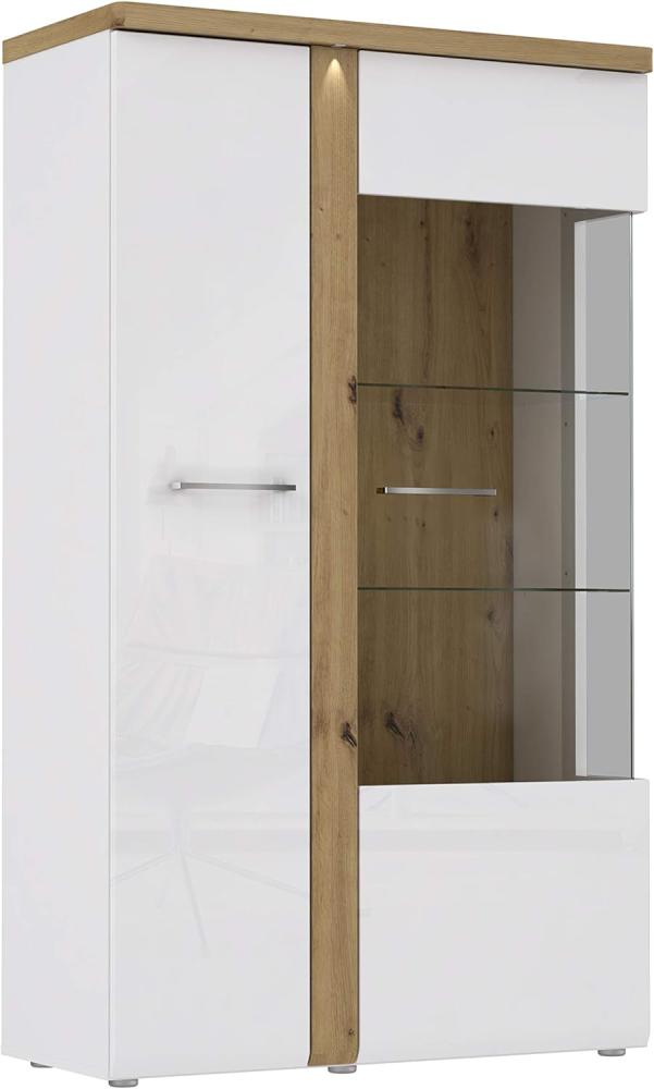 FORTE Tuluza Vitrine mit 1 Tür und 1 Glastür, Holzwerkstoff, Weiß kombiniert mit Artisan Eiche und Weiß Glanz, 98,5 x 164 x 43,2 cm Bild 1