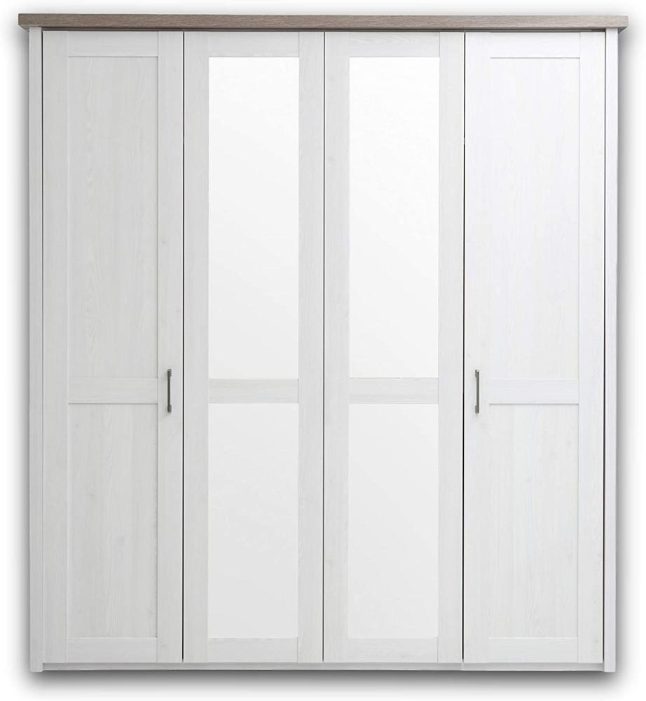 LUCA Eleganter Kleiderschrank im Landhausstil 4-türig - Vielseitiger Drehtürenschrank mit zwei Spiegeltüren in Pinie Weiß / Trüffel - 195 x 212 x 62 cm (B/H/T) Bild 1