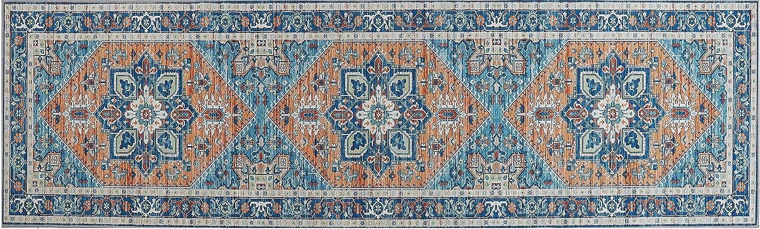 Teppich blau orange orientalisches Muster 60 x 200 cm Kurzflor RITAPURAM Bild 1