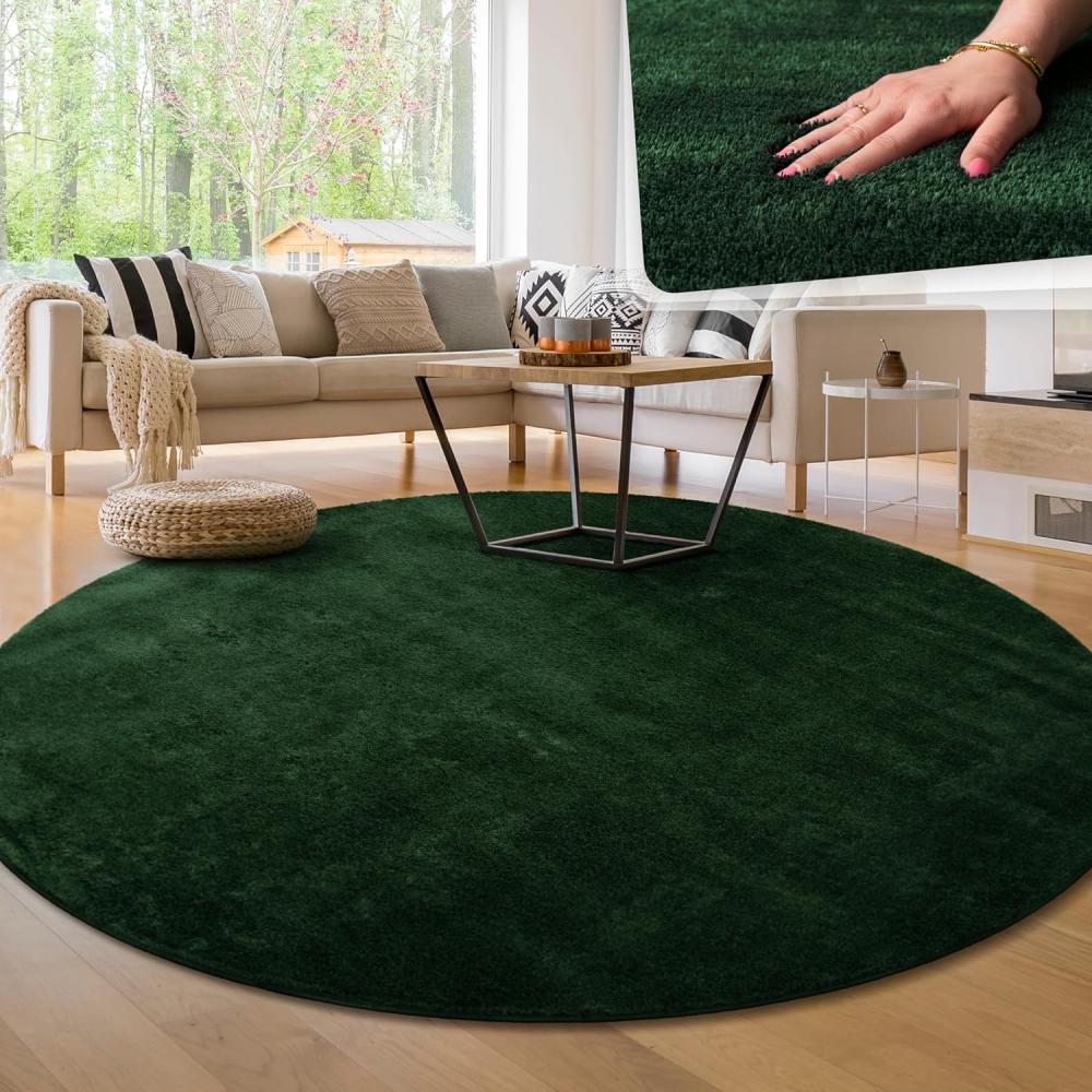 Paco Home Waschbarer Teppich Wohnzimmer Schlafzimmer Kurzflor rutschfest Flauschig Weich Moderne Einfarbige Muster, Grösse:120 cm Rund, Farbe:Grün Bild 1