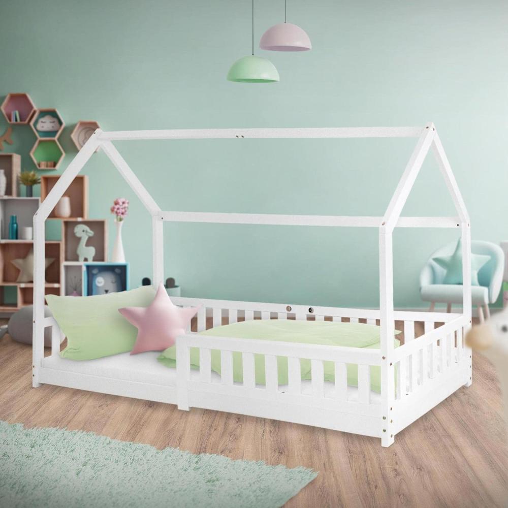 Kinderbett mit Rausfallschutz Lattenrost und Dach 200x90 cm Weiß aus Kiefernholz ML-Design Bild 1