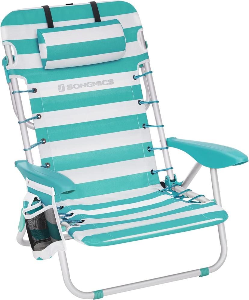 Strandstuhl mit Abnehmbarer Kopfstütze, tragbarer Klappstuhl, Campingstuhl, Rückenlehne bis zu 180° verstellbar, mit Getränkehalter und Seitentasche, Grün-weiß gestreift GCB62JW Bild 1