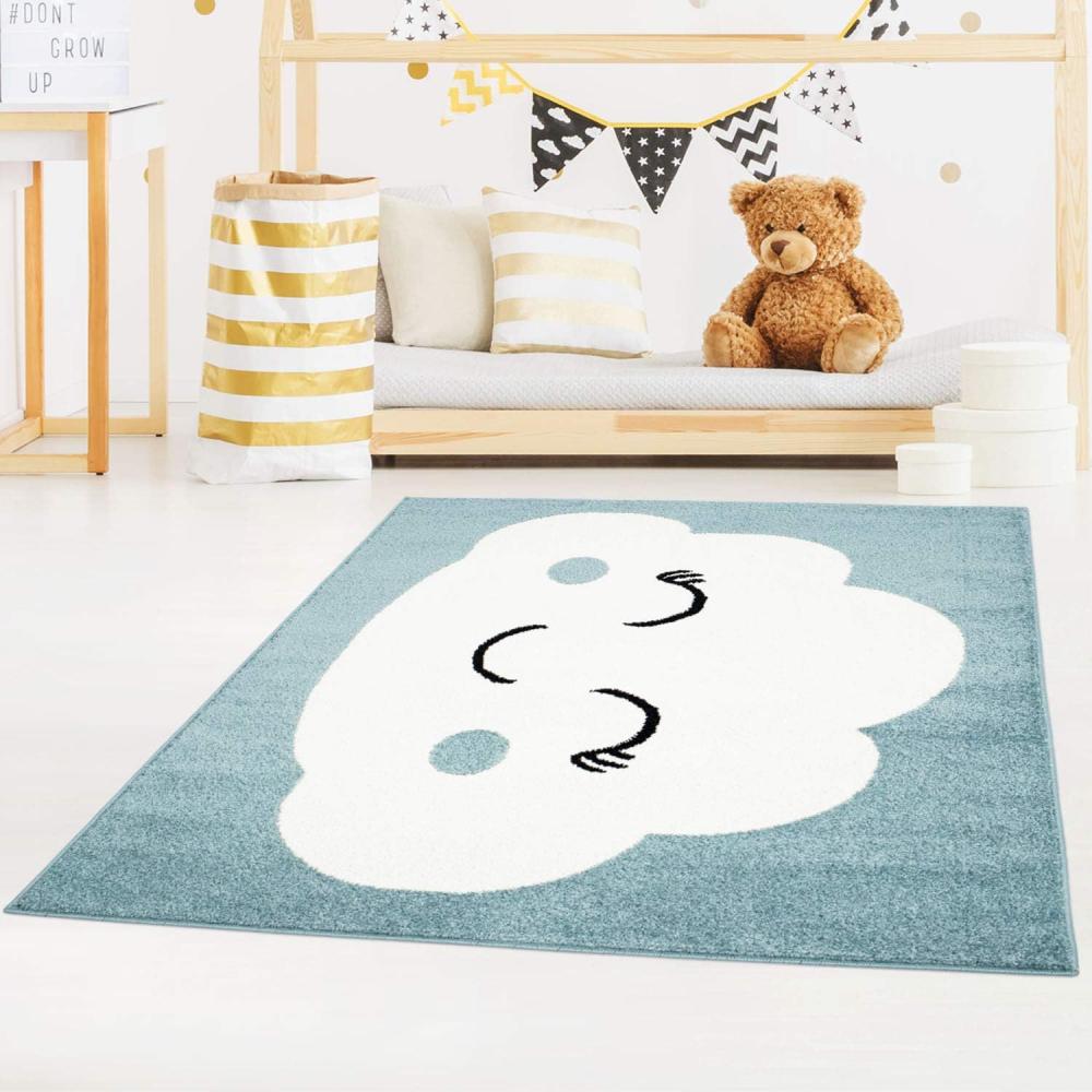 carpet city Kinderteppich Bubble Kids Flachflor mit Wolken-Motiv in Petrol-Blau für Kinderzimmer; Größe: 160x225 cm Bild 1