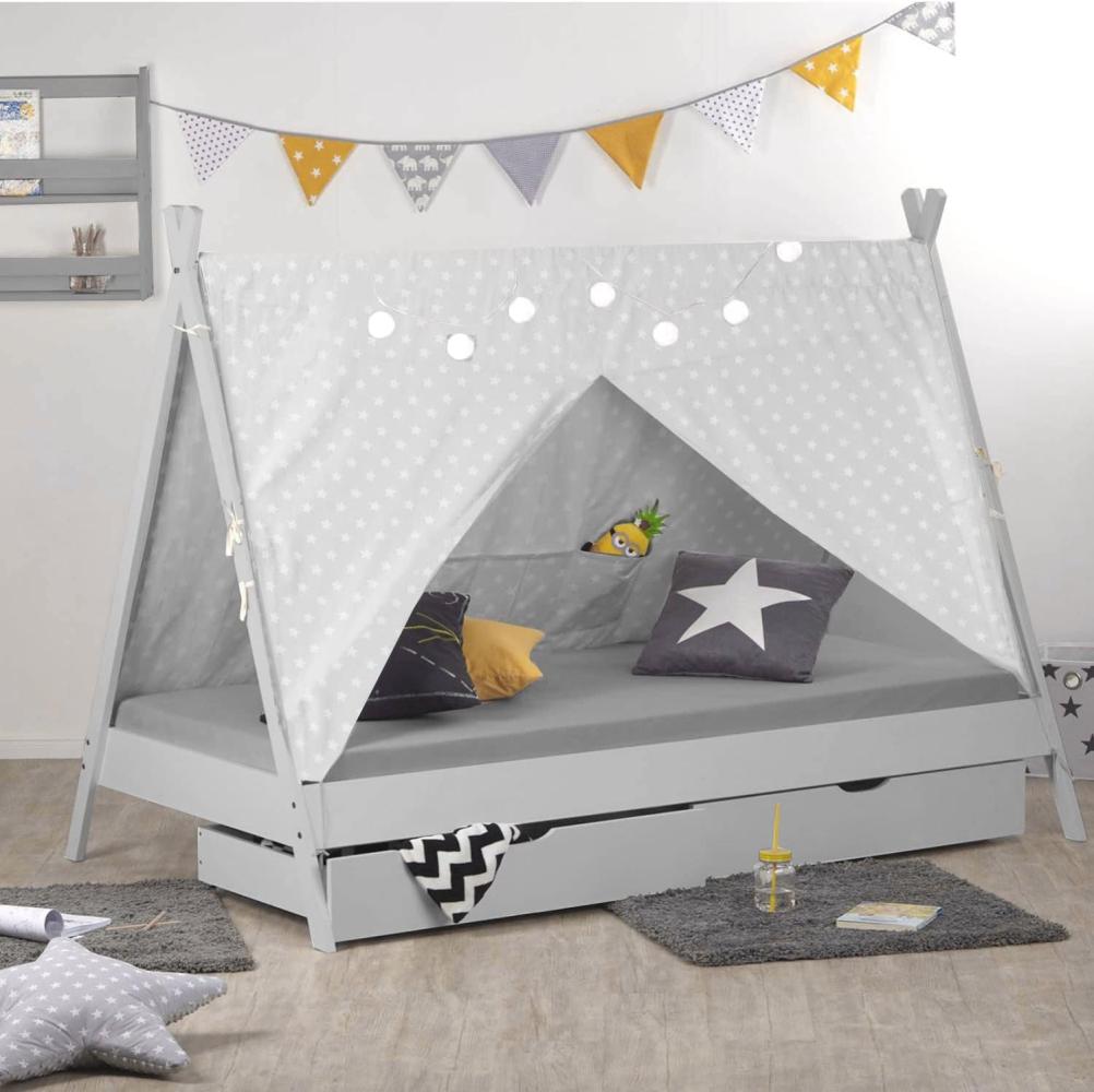 Homestyle4u 'TIPI' Kinderbett, grau, 90x200 cm, inkl. 2 Bettkästen, Lattenrost und Stoffüberwurf, Kiefernholz Bild 1