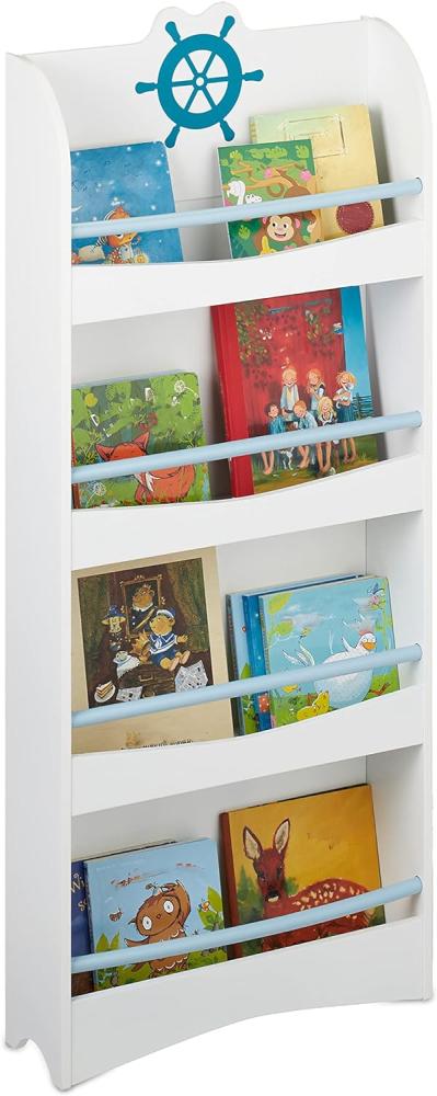 Relaxdays Bücherregal Kinder, HBT 124 x 50,5 x 15 cm, 4 Fächer, MDF, maritimes Kinderbücherregal, Kinderregal, weiß/blau Bild 1