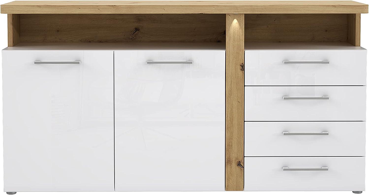 FORTE Tuluza Kommode mit 2 Türen und 4 Schubkästen, Holzwerkstoff, Weiß + Artisan Eiche / Weiß Hochglanz, 73,5 x 85,9 x 163,2 cm Bild 1