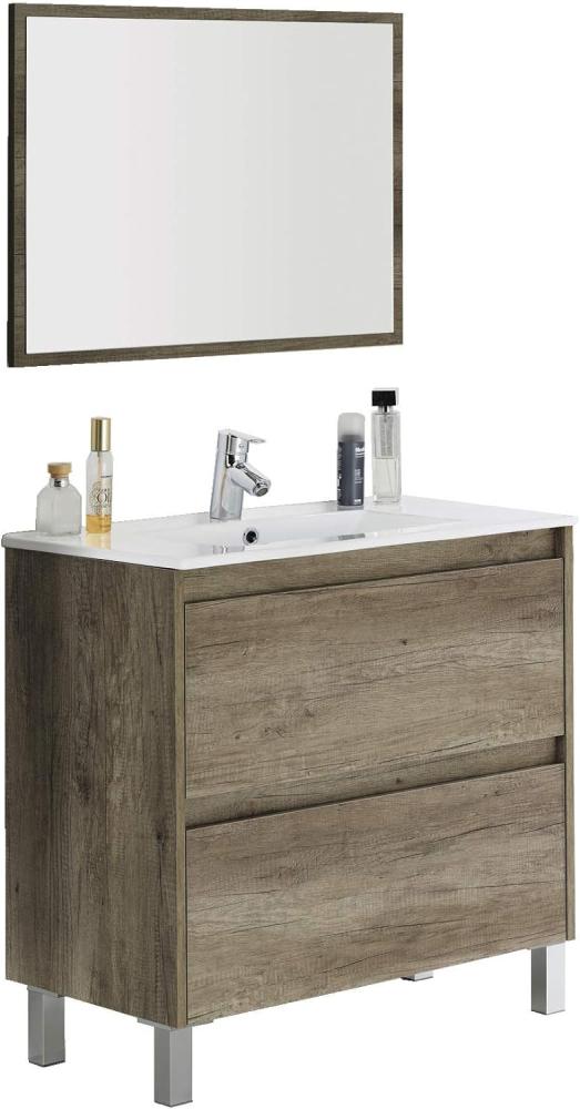 Dmora - Unterschrank Modesto, Hängeschrank mit 2 Schubladen, Badezimmerschrank mit Spiegel, Waschbecken nicht enthalten, cm 80x45h80, Eiche Bild 1
