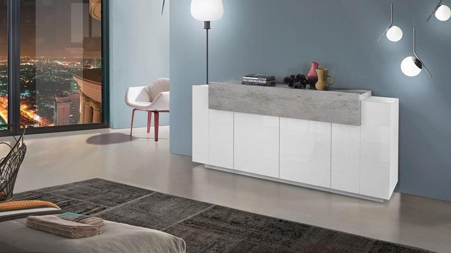 Dmora - Kommode Loris, Küchen-Sideboard mit 4 Türen, Buffet für Wohnzimmer, 100% Made in Italy, cm 200x45h86, glänzendes Weiß und Zement Bild 1