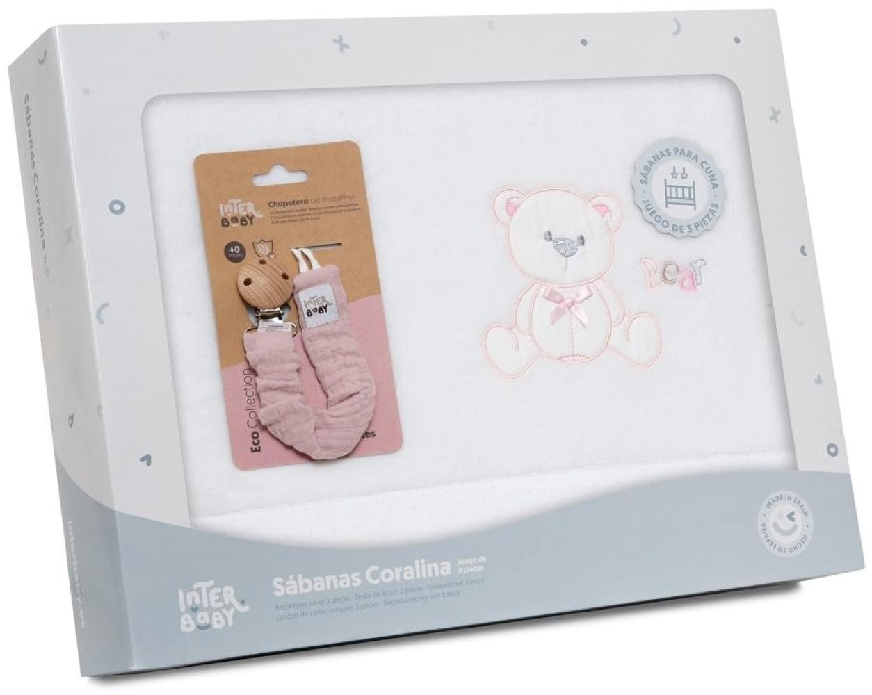 Fleece-Plüsch-Bettlaken-Set Kinderbett "Oso Lazo" weiß rosa & Schnullerketten Musseline mit Clip · 3- Teilig Winter -Bettwäsche-Set für kinderbett · Babys Bild 1