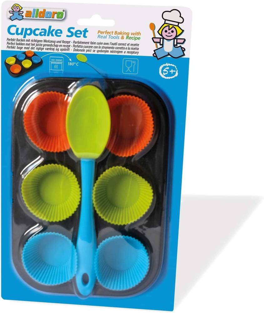alldoro 61517 - Cupcake Set, 8 teiliges Muffin Förmchen Backset, 6 hitzebeständige Silikon Muffinformen und Muffinblech aus Metall, Backformen für Cupcakes mit Silikonlöffel, für Kinder ab 5 Jahren Bild 1