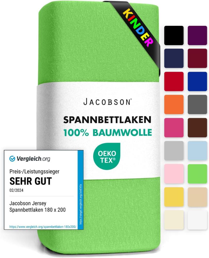 JACOBSON Jersey Spannbettlaken Spannbetttuch Baumwolle Bettlaken (60x120-70x140 cm, Apfelgrün) Bild 1