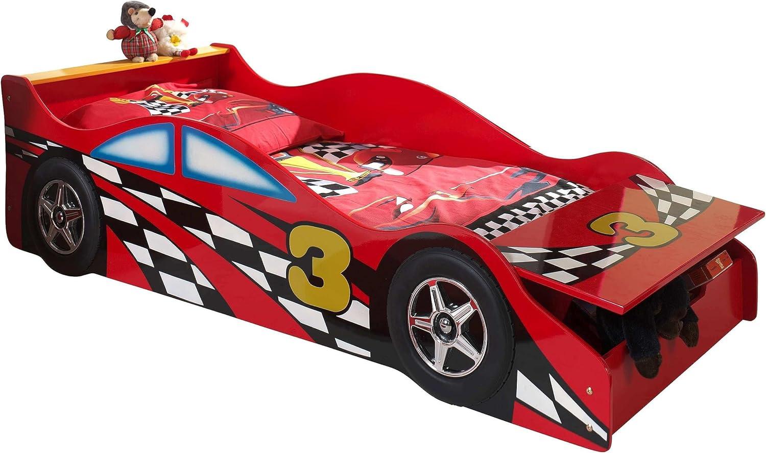 Set RACE CAR Kinder-Autobett inkl. Matratze, mit 70 x 140 cm Liegefläche, Ausf. MDF rot glänzend lackiert Bild 1