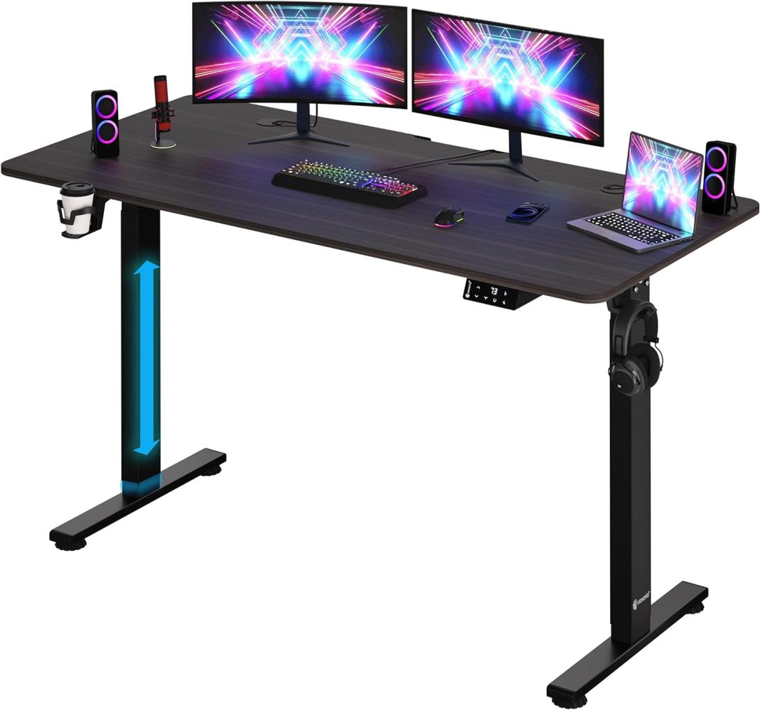 Casaria Höhenverstellbarer Schreibtisch mit Tischplatte 140 x 60cm Elektrisch LCD- Display 120kg Belastbarkeit Büro Gaming Computertisch Braun Schwarz Bild 1