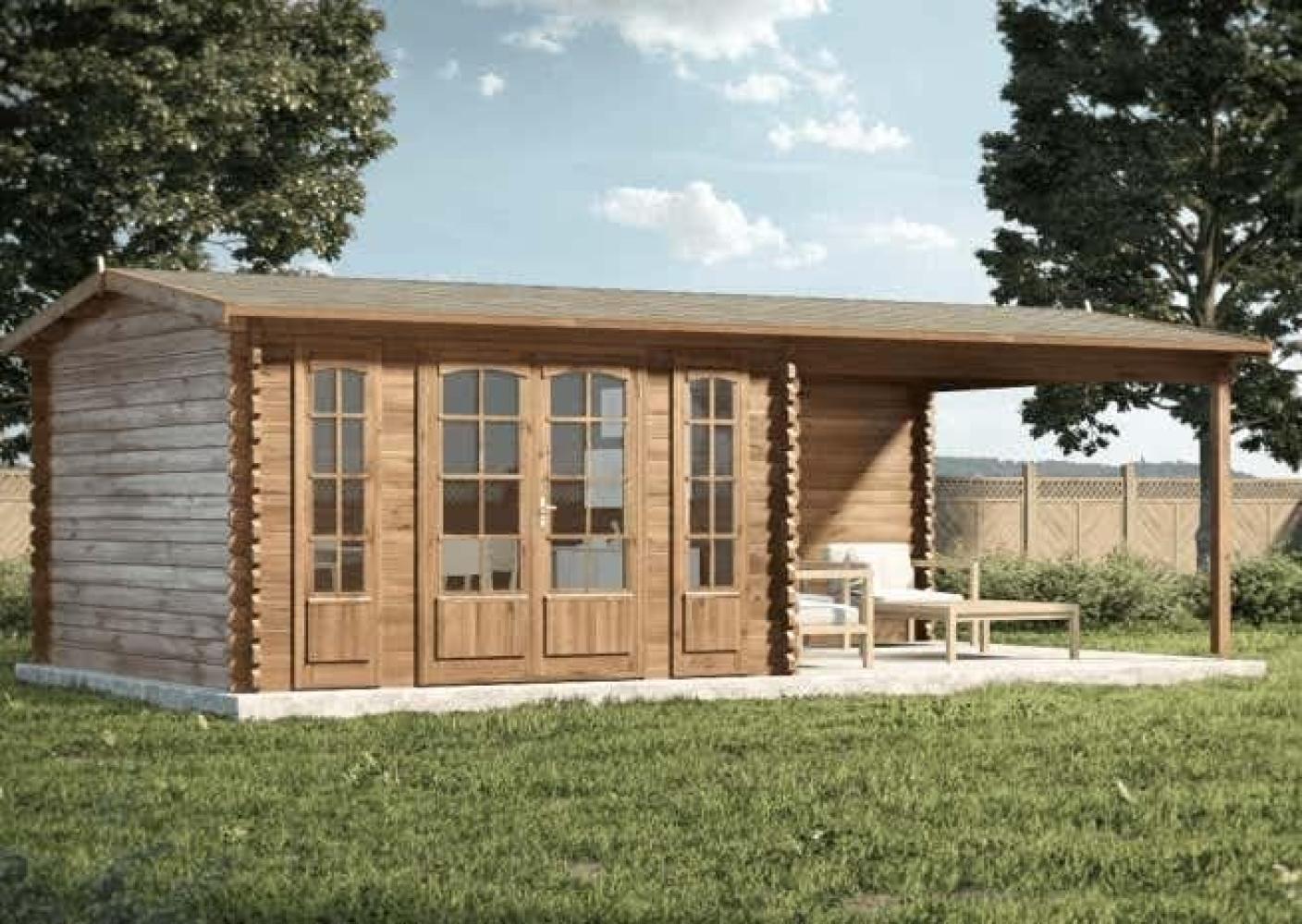 Alpholz Gartenhaus Freiburg-44 ISO Gartenhaus aus Holz in Braun Holzhaus mit 44 mm Wandstärke inklusive Terrasse FSC zertifiziert Blockbohlenhaus mit Montagematerial Bild 1