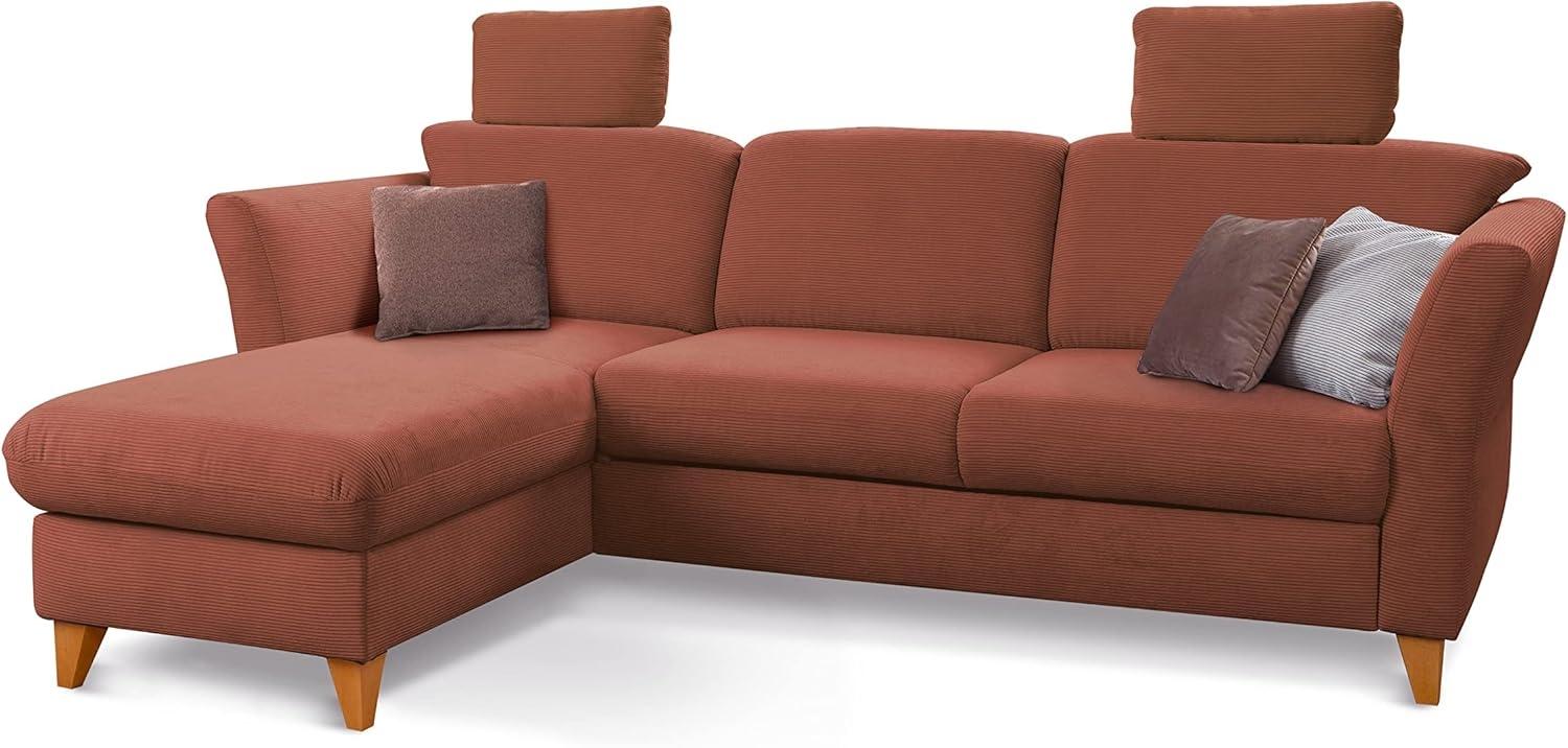 CAVADORE Eckcouch Trend / Skandinavisches Ecksofa mit Federkern, Longchair und zwei Kopfstützen / 249 x 86 x 162 / Cord, Kupfer Bild 1