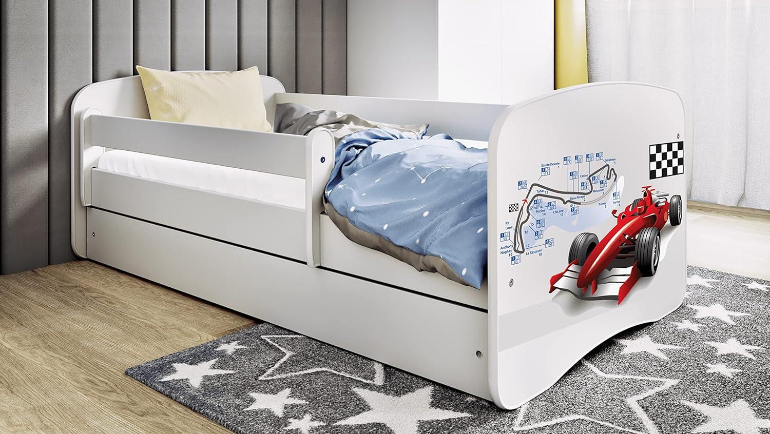 Kinderbett Jugendbett Weiß mit Rausfallschutz Schublade und Lattenrost Kinderbetten für Mädchen und Junge - Formel 70 x 140 cm Bild 1