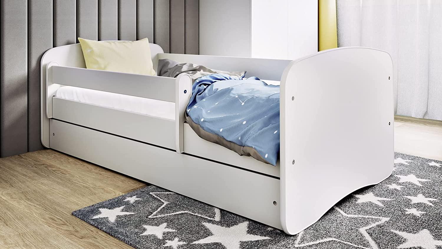 Kinderbett 180x80 mit Matratze, Rausfallschutz, Lattenrost & Schublade in weiß 80 x 180 Mädchen Jungen Bett Skandi Bild 1