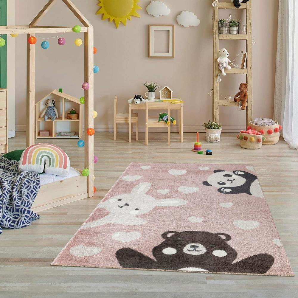 Jimri Teppich Kinderzimmer - Teppiche für Kinderzimmer, Kinderteppich, Kinderteppich Mädchen, Bär, Hase, Panda, Herz, (Hellrosa, Größe: 120x170 cm) Bild 1