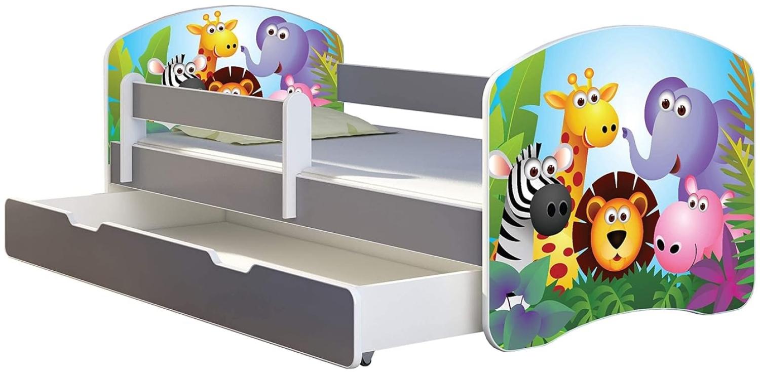 ACMA Kinderbett Jugendbett mit Einer Schublade und Matratze Grau mit Rausfallschutz Lattenrost II (01 Zoo, 180x80 + Bettkasten) Bild 1
