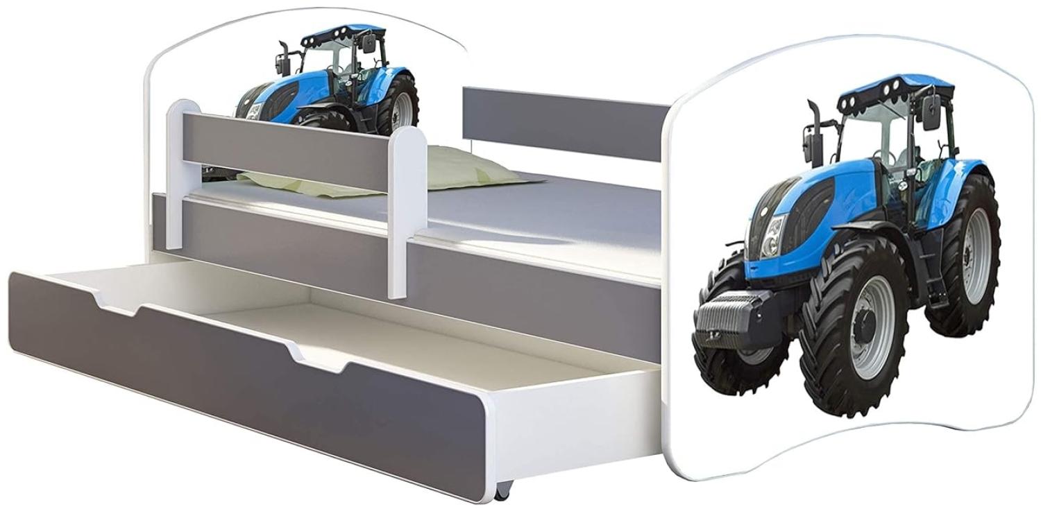 ACMA Kinderbett Jugendbett mit Einer Schublade und Matratze Grau mit Rausfallschutz Lattenrost II (42 Traktor, 160x80 + Bettkasten) Bild 1