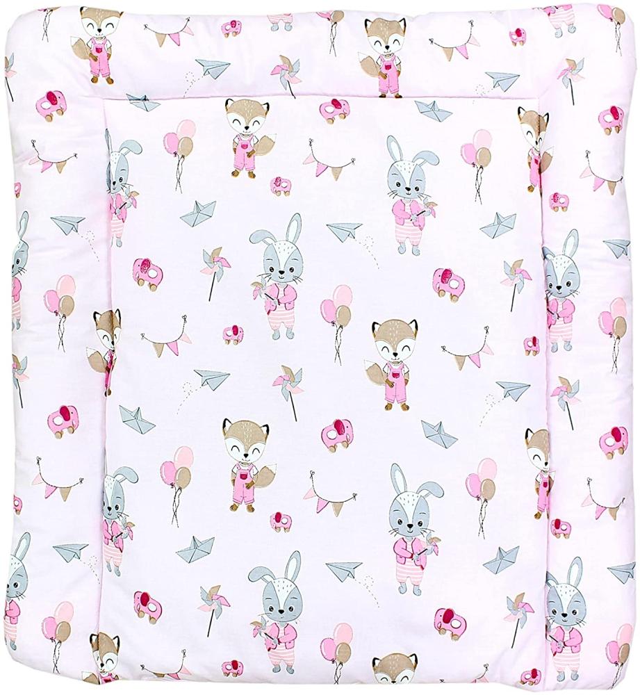 TupTam Baby Wickeltischauflage mit Baumwollbezug Gemustert, Farbe: Fuchs / Kaninchen / Rosa, Größe: 75 x 85 cm Bild 1
