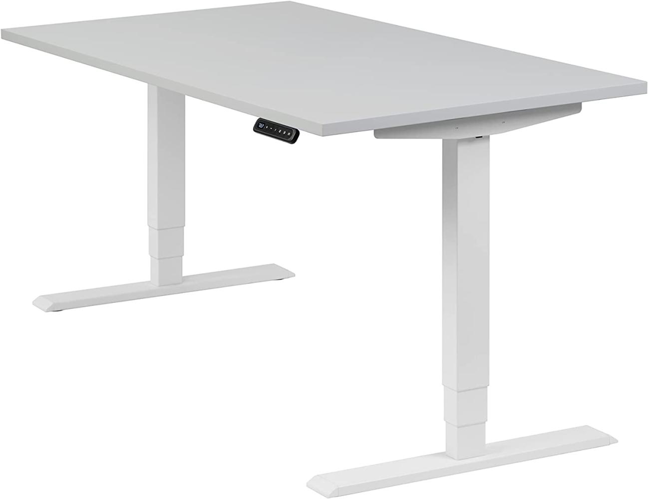 boho office® homedesk - elektrisch stufenlos höhenverstellbares Tischgestell in Weiß mit Memoryfunktion, inkl. Tischplatte in 140 x 80 cm in Lichtgrau Bild 1