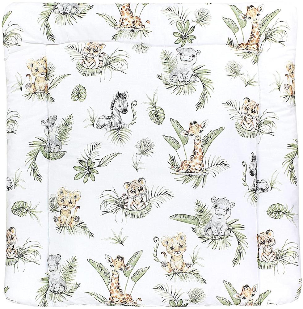 TupTam Baby Wickeltischauflage mit Baumwollbezug Gemustert, Farbe: Safari / Löwe / Braun / Blätter / Grün, Größe: 70 x 70 cm Bild 1