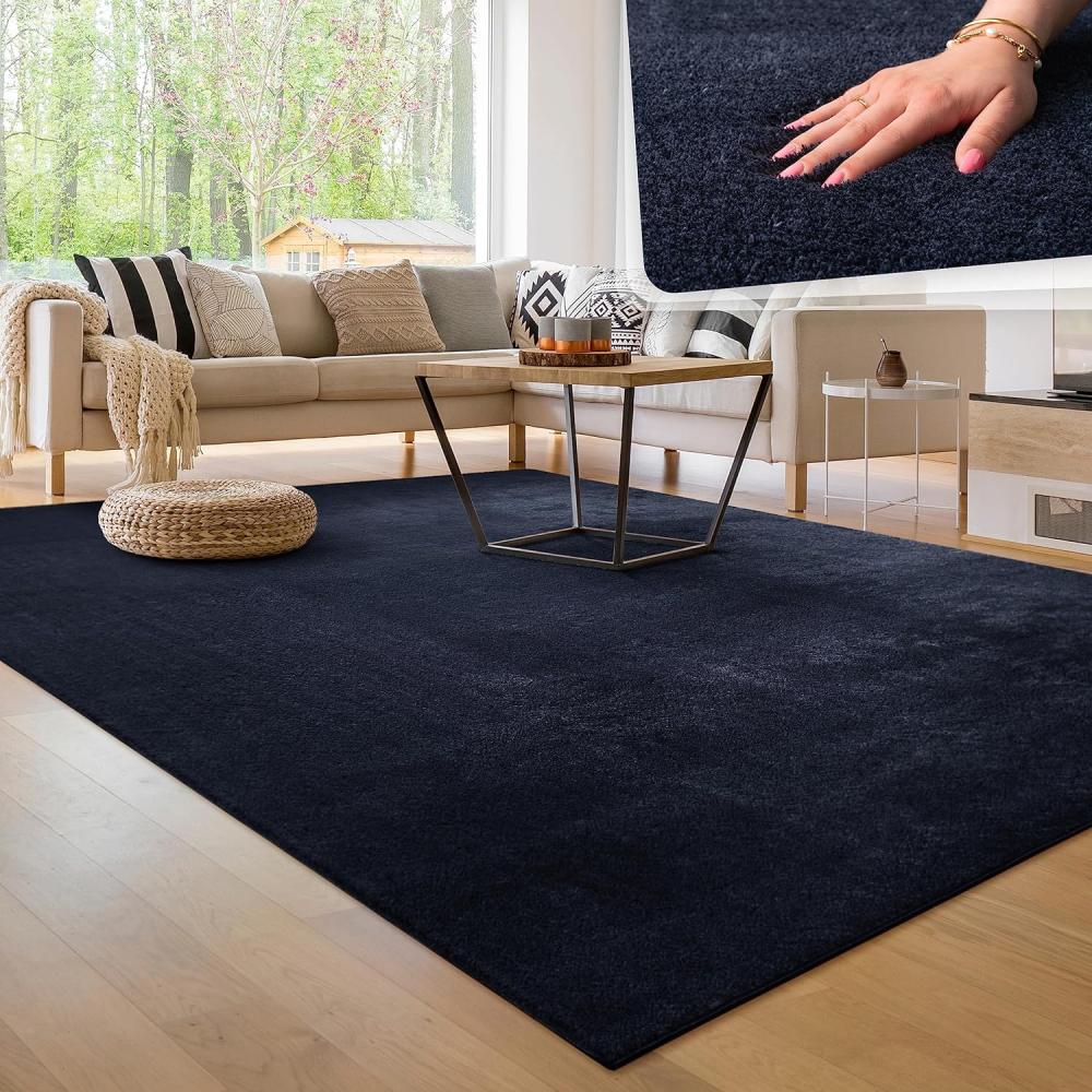 Paco Home Waschbarer Teppich Wohnzimmer Schlafzimmer Kurzflor rutschfest Flauschig Weich Moderne Einfarbige Muster, Grösse:200 cm Quadrat, Farbe:Navy-Blau Bild 1