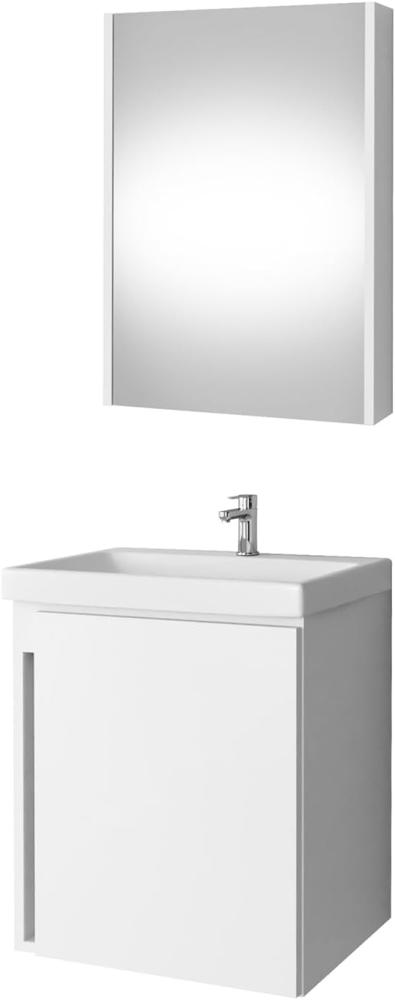 Planetmöbel Waschbeckenunterschrank mit Keramikwaschbecken & Spiegelschrank 50cm in Weiß, modernes Badmöbel Set für Badezimmer WC Bild 1